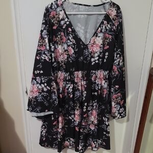 Black Floral V-Neck Smocked Waist Shirt